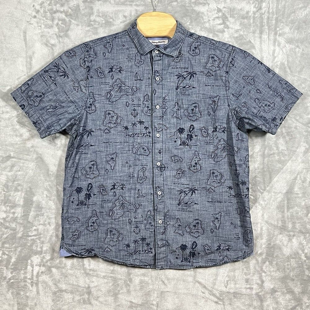 Tommy Bahama‎ Shirt Mens Large Blue Denim Tahiti Treasure Hawaiian Camp Casual